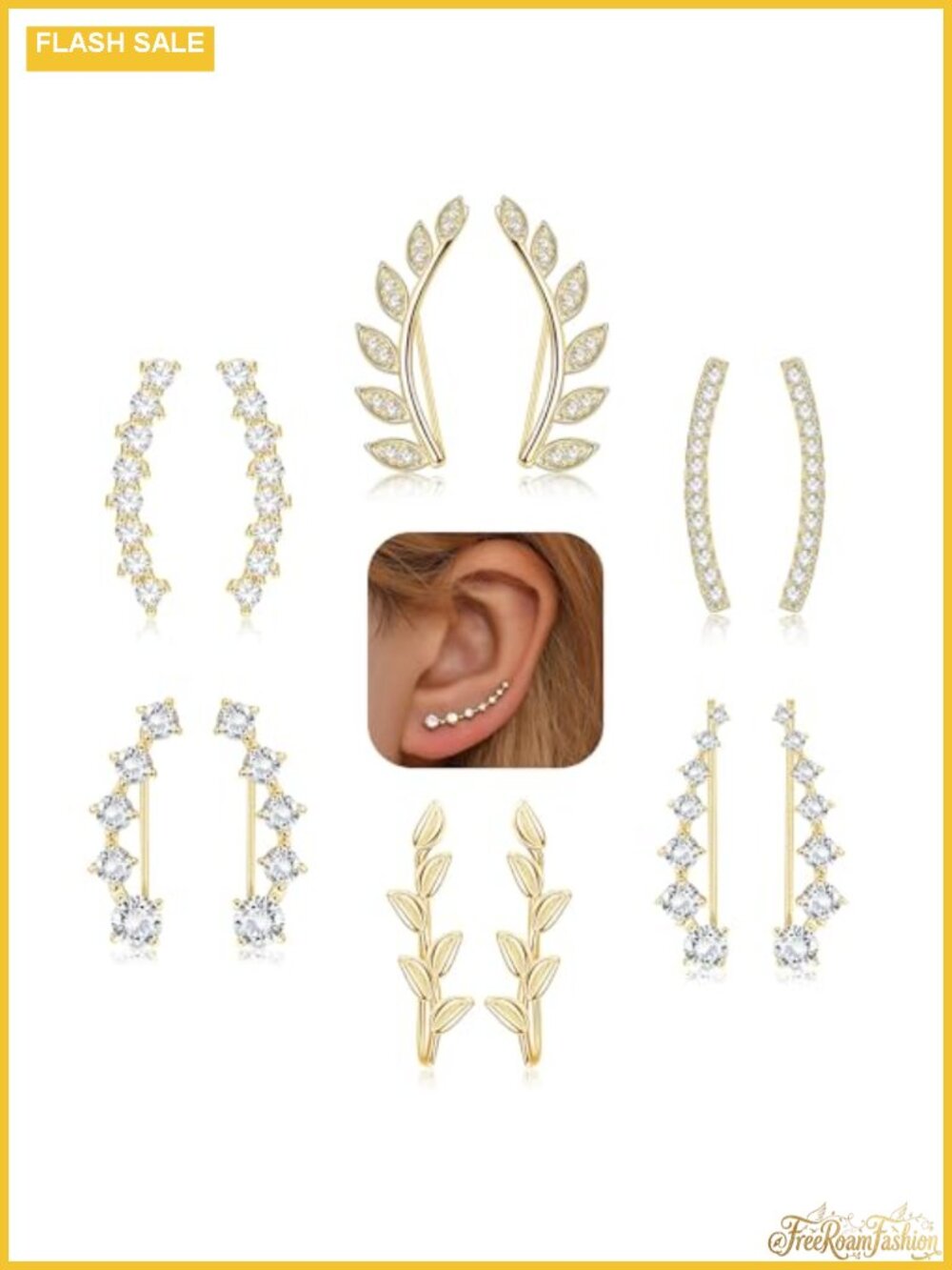 6 Pairs Ear Cuffs Climber Earrings Hoop CZ Arrow Stud Jacket Women Platinum